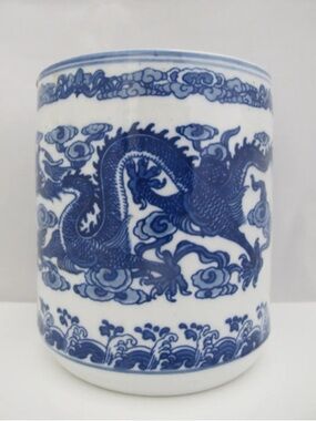Chinoise  Blue & White Porcelain Bitong Brush Pot With Dragon utensils holder